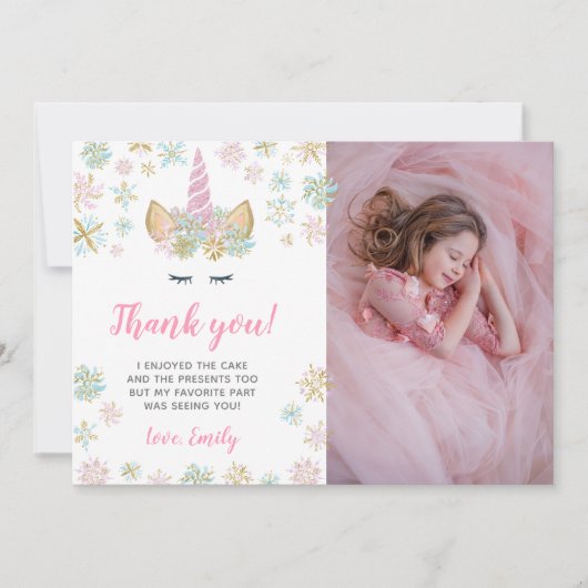 写真とのユニコーンの冬の誕生日のサンキューカード 招待状 (正面)