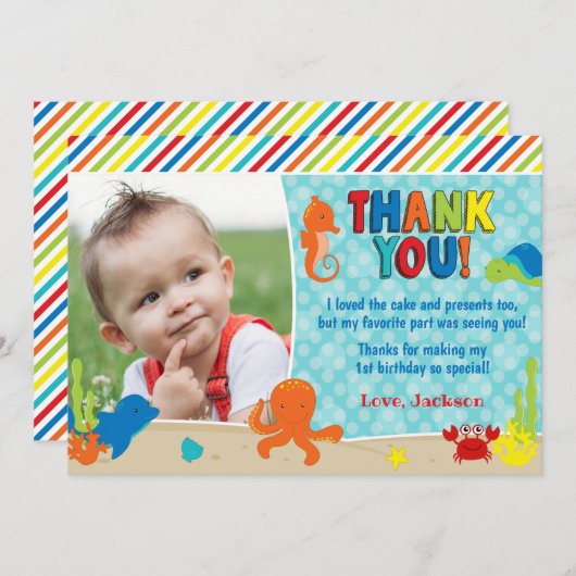 写真との海の誕生日のサンキューカードの下 招待状 (正面/裏面)