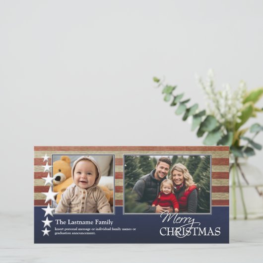 写真とアメリカ国旗の愛国的軍隊テーマ シーズンカード (スタンド正面)