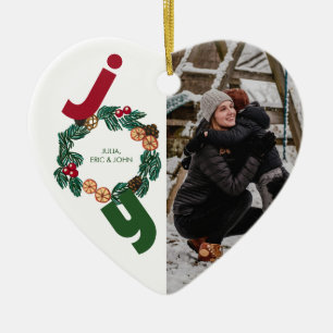 写真とイラストのクリスマスリースのJoy セラミックオーナメント