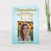 写真とエレガント金ゴールドのアクセント付きの青い卒業式 カード (正面)