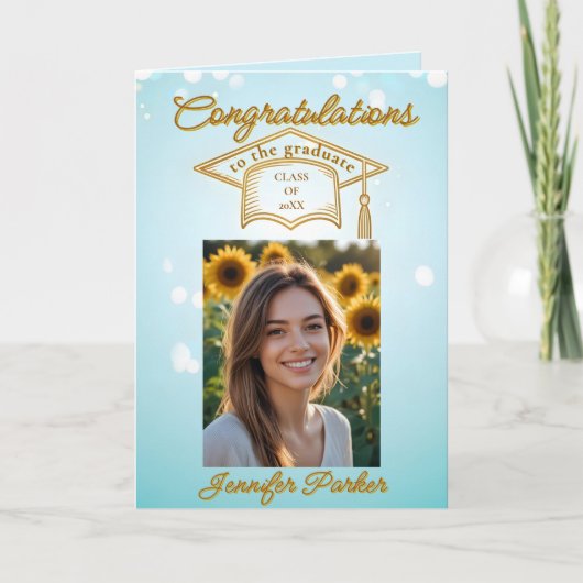 写真とエレガント金ゴールドのアクセント付きの青い卒業式 カード (正面)