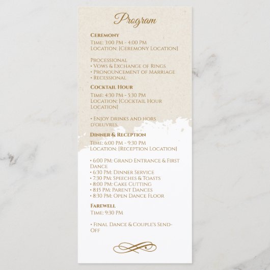 写真とエレガント金ゴールドスクリプトの結婚式 プログラム (裏面)