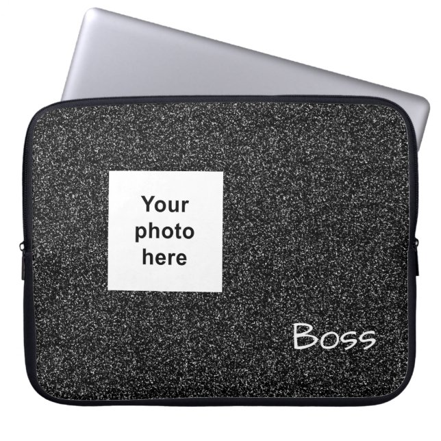 写真とカスタム文字グレーのフェイクグリッター ラップトップスリーブ (正面)