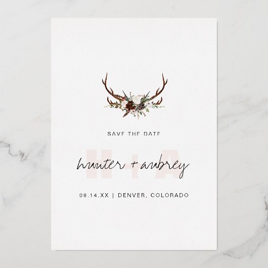 写真とカレンダー |シンプルタイポグラフィ日付の保存 箔招待状 (裏面)