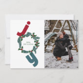 写真とクリスマスのリースと青の喜び シーズンカード (正面)