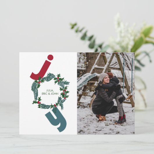 写真とクリスマスのリースと青の喜び シーズンカード (スタンド正面)