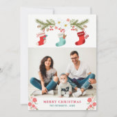 写真とクリスマスストッキングの家族の名前 シーズンカード (正面)