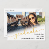 写真とゴールド箔を使用したフェイク卒業発表 案内ポストカード (正面/裏面)