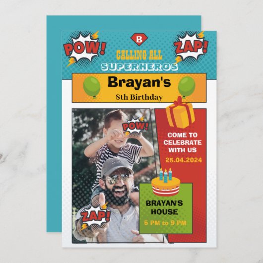 写真とスーパーヒーローの誕生日の招待状 招待状 (正面/裏面)