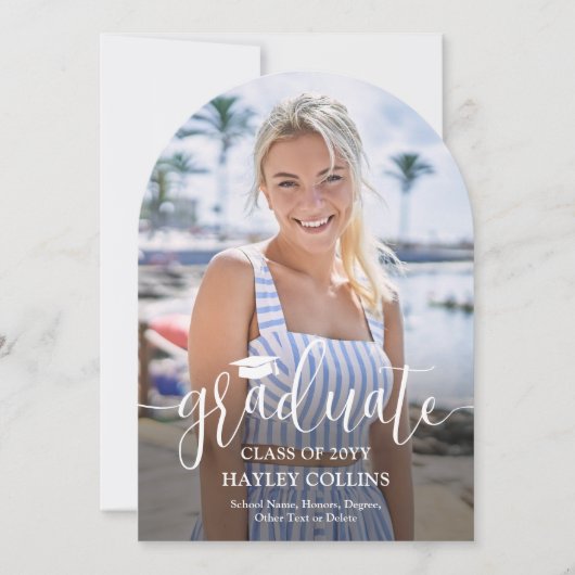 写真とトレンディースクリプトの卒業発表 招待状 (正面)