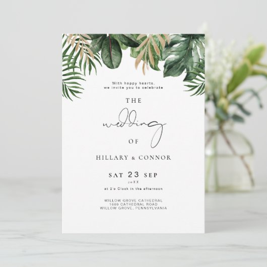 写真とトロピカルエレガントな結婚式の招待状 招待状 (スタンド正面)
