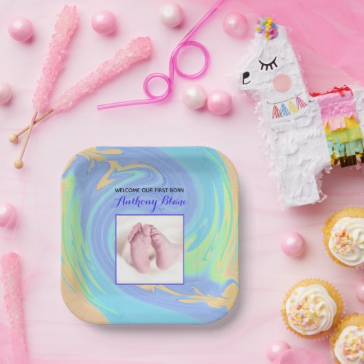 写真とパステルウェルカム生まれファースト ペーパープレート (パーティー)