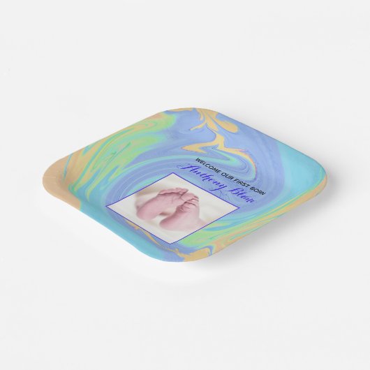 写真とパステルウェルカム生まれファースト ペーパープレート (傾斜あり)