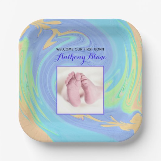写真とパステルウェルカム生まれファースト ペーパープレート (正面)