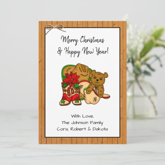 写真とパーソナライズされたカウボーイをテーマにしたクリスマス カード (スタンド正面)