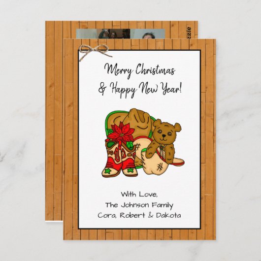 写真とパーソナライズされたカウボーイをテーマにしたクリスマス ポストカード (正面/裏面)