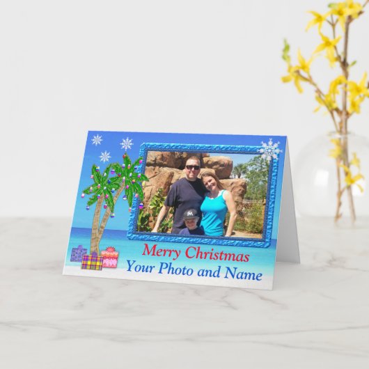 写真とパーソナライズされたトロピカルなクリスマスカード カード (黄色い花)