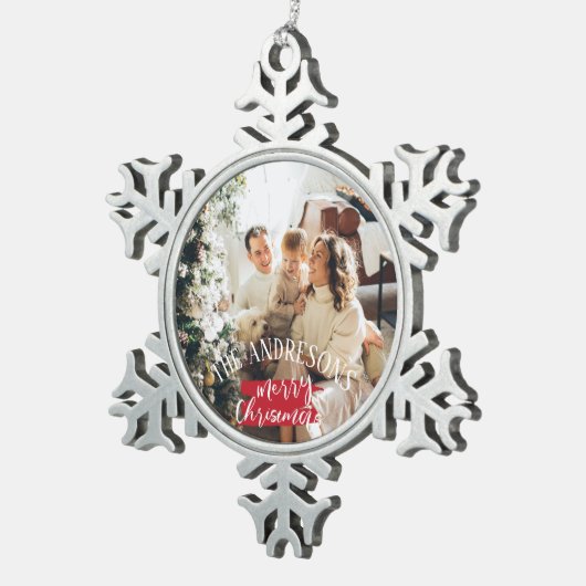写真とパーソナライズされた名前クリスマス スノーフレークピューターオーナメント (右)