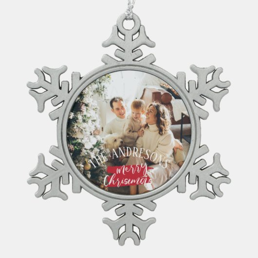 写真とパーソナライズされた名前クリスマス スノーフレークピューターオーナメント (正面)