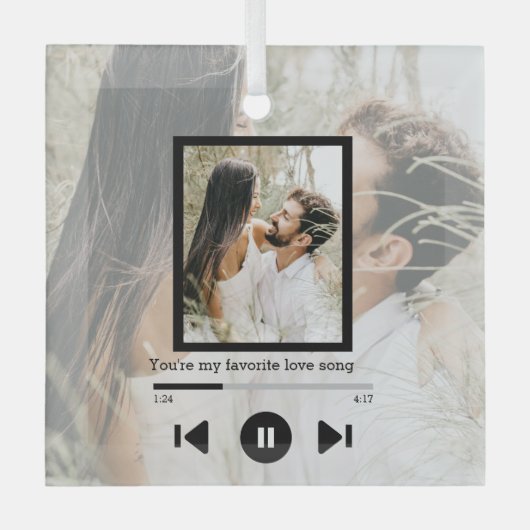 写真とパーソナライズされた文字ミュージックプレーヤー ガラスオーナメント (正面)