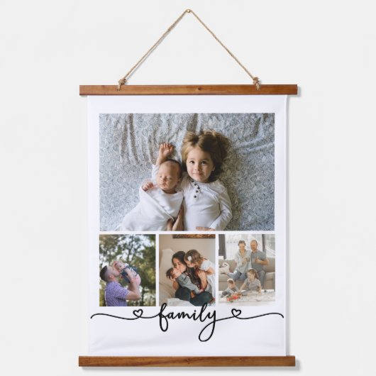 写真とパーソナライズされた文字写真コラージュ家族 吊り下げ型タペストリー (正面)