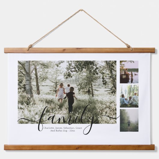 写真とパーソナライズされた文字写真コラージュ家族 吊り下げ型タペストリー (正面)