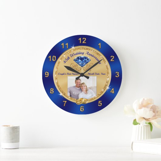 写真とパーソナライズされた45周年の贈り物 ラージ壁時計 (ホーム)