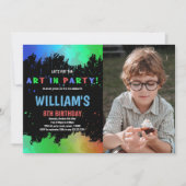 写真とパーティー絵を描誕生日のグリーンアート 招待状 (正面)