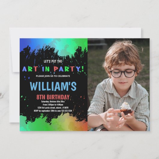 写真とパーティー絵を描誕生日のグリーンアート 招待状 (正面)