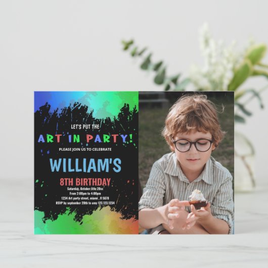 写真とパーティー絵を描誕生日のグリーンアート 招待状 (スタンド正面)