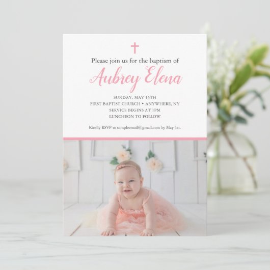 写真とピンクと白のバプテスマの招待 招待状 (スタンド正面)
