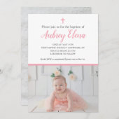 写真とピンクと白のバプテスマの招待 招待状 (正面/裏面)