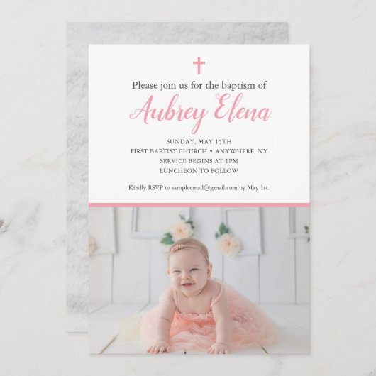 写真とピンクと白のバプテスマの招待 招待状 (正面/裏面)