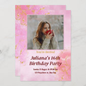 写真とピンクのミニマル誕生日パーティー 招待状 (正面/裏面)