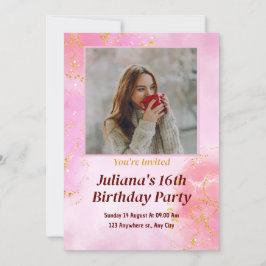 写真とピンクのミニマル誕生日パーティー 招待状