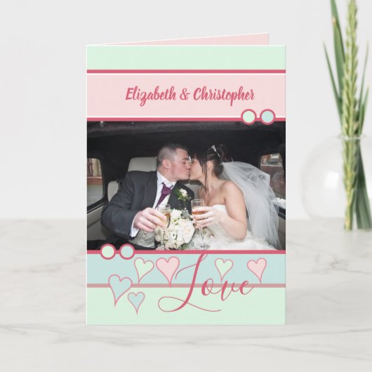 写真とピンクのミントブルーの記念日 カード (正面)