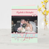 写真とピンクのミントブルーの記念日 カード (黄色い花)