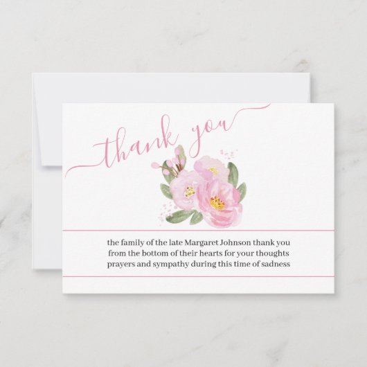 写真とピンクの花葬儀サンキューカード サンキューカード (正面)