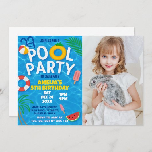 写真とプールパーティー誕生日招待状 招待状 (正面/裏面)