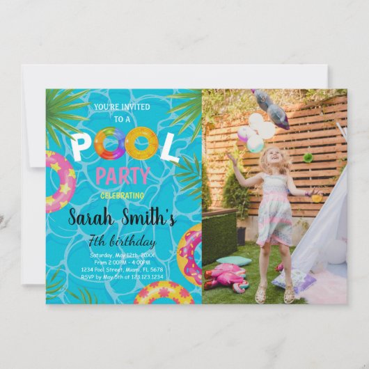 写真とプール誕生日招待状 招待状 (正面)