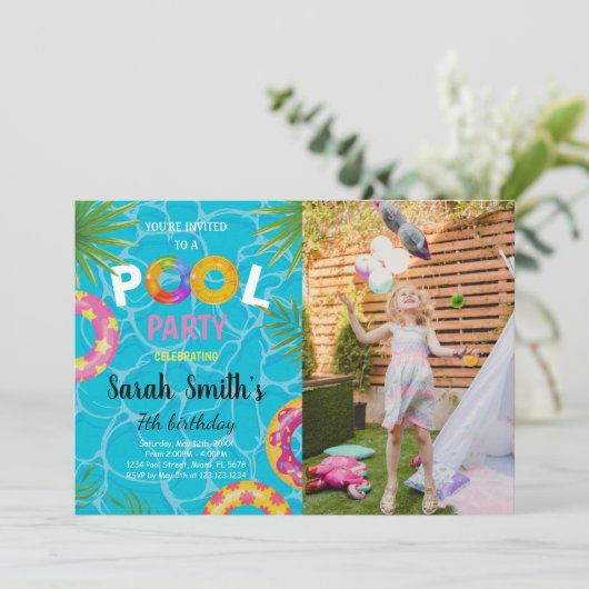 写真とプール誕生日招待状 招待状 (スタンド正面)
