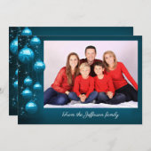 写真とメッセージ付きの青いオーナメント シーズンカード (正面/裏面)