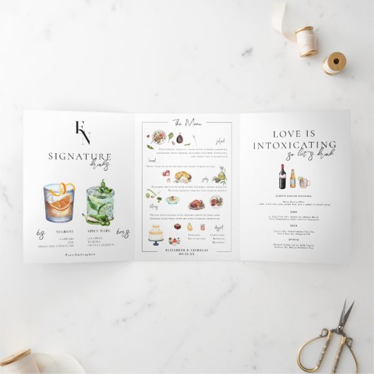 写真とメニュ図解入りの、写真付きのーのカクテルテーブル番号 三つ折り招待状 (内部)