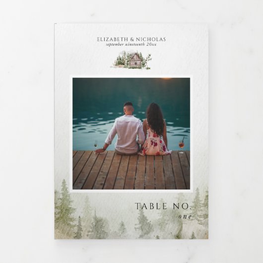 写真とメニュ図解入りの、写真付きのーのカクテルテーブル番号 三つ折り招待状 (カバー)