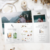 写真とメニュ図解入りの、写真付きのーのカクテルテーブル番号 三つ折り招待状