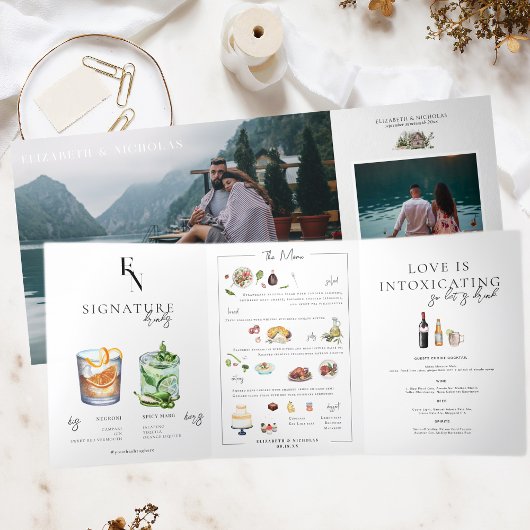 写真とメニュ図解入りの、写真付きのーのカクテルテーブル番号 三つ折り招待状