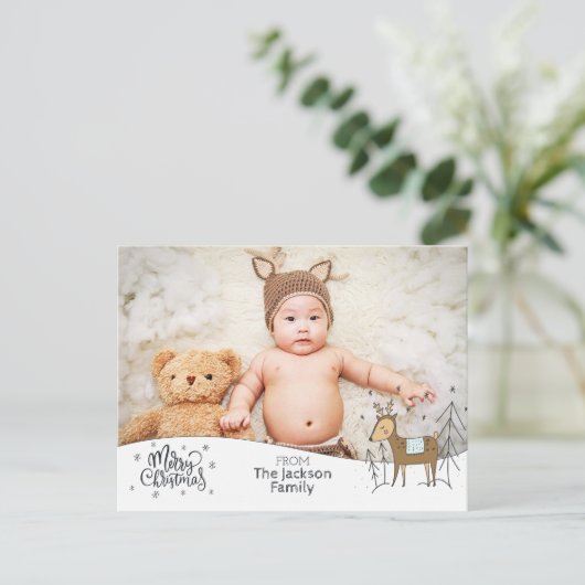 写真とメリークリスマス、雪のフレーム&トナカイ シーズンポストカード (スタンド正面)