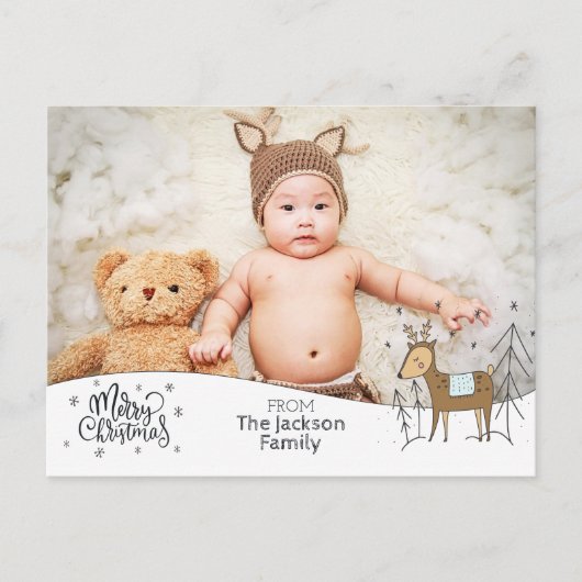 写真とメリークリスマス、雪のフレーム&トナカイ シーズンポストカード (正面)