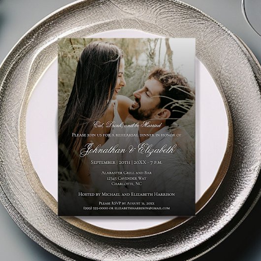 写真とモダン黒の重ね合わせリハーサルディナー 招待状